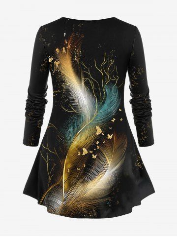 Plus Size Long Sleeve Feather Print T-shirt