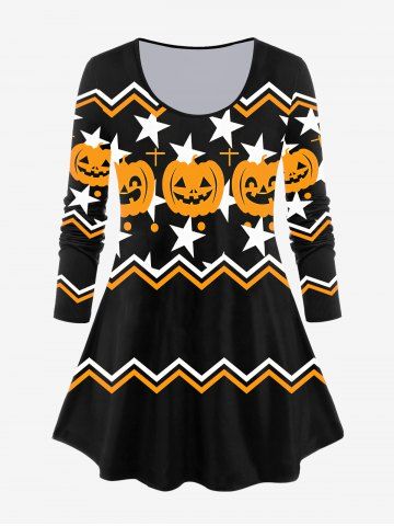 Halloween Pumpkin Star Print Zigzag T-shirt - BLACK - 3X | US 22-24