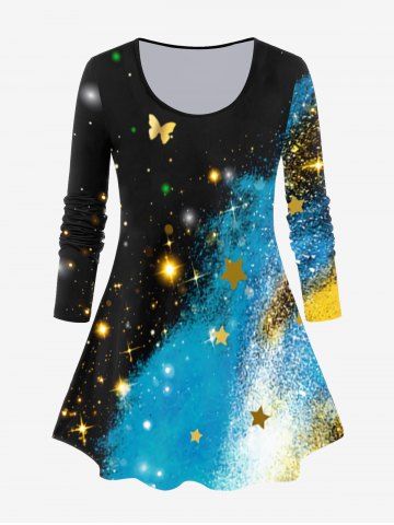 Plus Size 3D Sparkles Butterfly Stars Printed Long Sleeves Tee - BLACK - 1X | US 14-16