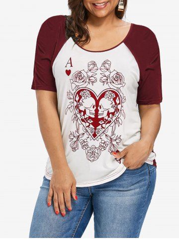 T-shirt à Imprimé Gothique Rose Crâne à Manches Raglan - DEEP RED - L | US 12