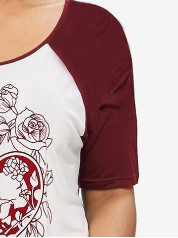 Gothic Raglan Sleeve Skull Rose Print Graphic Tee