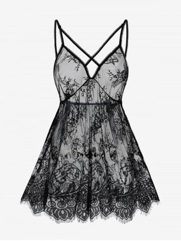 Plus Size Sheer Lace Backless Lingerie Babydoll Dress Set - BLACK - M | US 10
