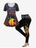 Ensemble T-shirt et Legging D'Halloween à Imprimé Toile D'Araignée Citrouille et Toile D'Araignée de Grande Taille - Noir 