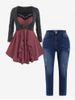 Plus Size Flounce Lace Trim Colorblock 2 in 1 Tee and Ripped Pencil Jeans Outfit -  