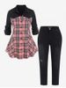 Plus Size Colorblock Plaid Roll Up Sleeves Shirt and Frayed Ripped Jeans Outfit -  