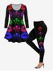 Gothic Colorful Skull Lip Print T-shirt and High Waist Gothic Skull Print Leggings Plus Size Outfit -  