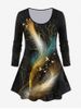 Plus Size Long Sleeve Feather Print T-shirt -  