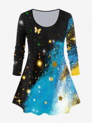 Plus Size 3D Sparkles Butterfly Stars Printed Long Sleeves Tee -  