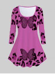 Plus Size Long Sleeve Leopard Butterfly Print Tee -  