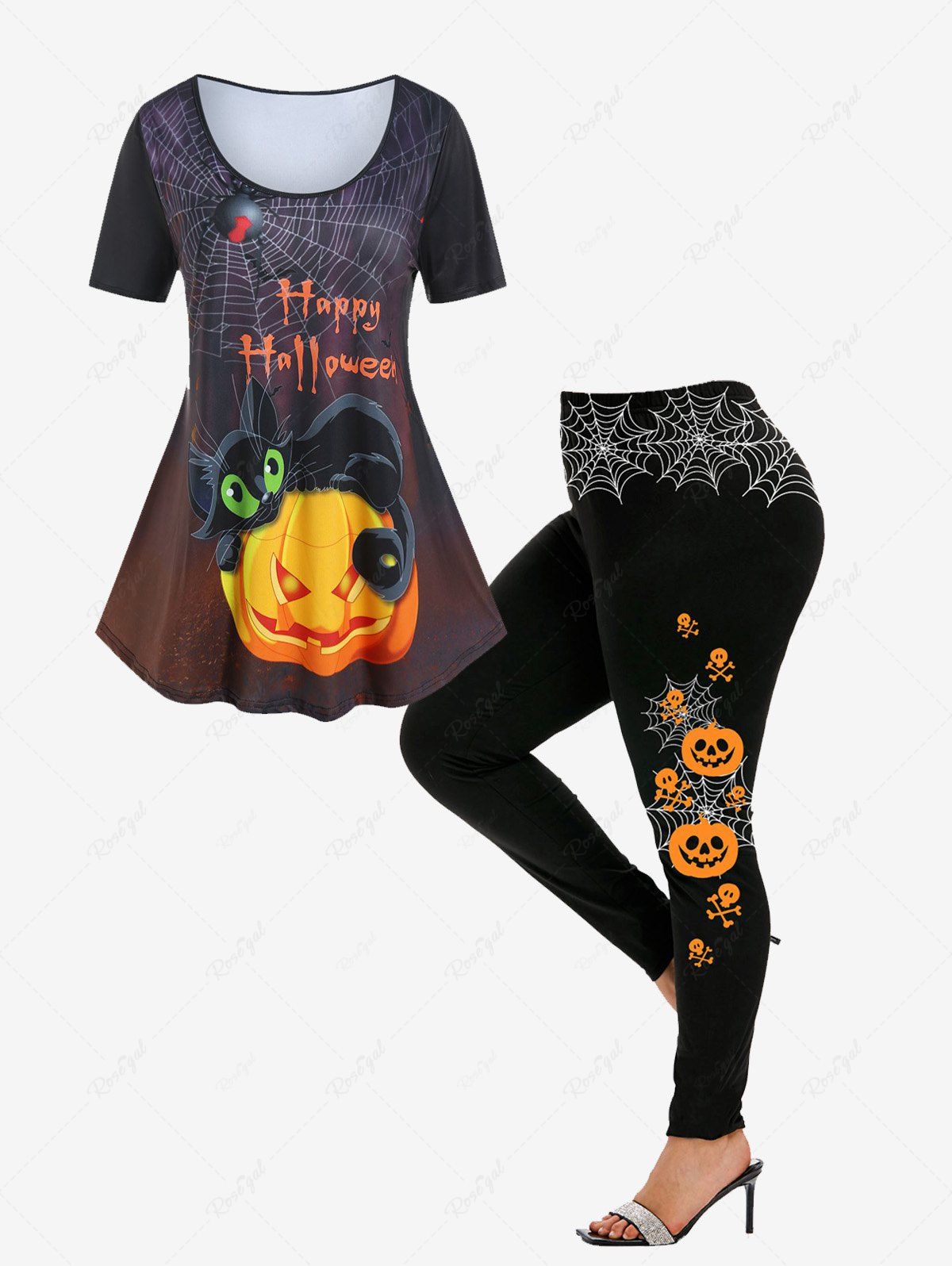 Ensemble T-shirt et Legging D'Halloween à Imprimé Toile D'Araignée Citrouille et Toile D'Araignée de Grande Taille Noir 