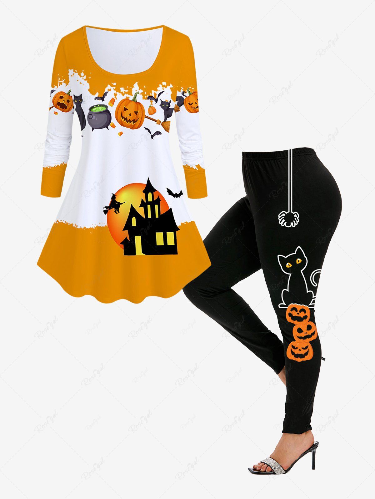 Unique Halloween Pumpkin Bat Print Raglan Sleeve T-shirt and Halloween Pumpkin Cat Spiders Leggings Outfit  