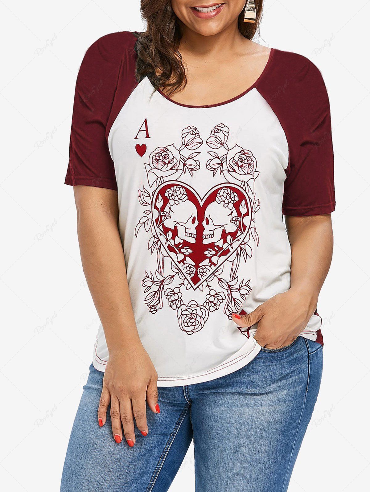 T-shirt à Imprimé Gothique Rose Crâne à Manches Raglan Rouge foncé 3X | US 22-24