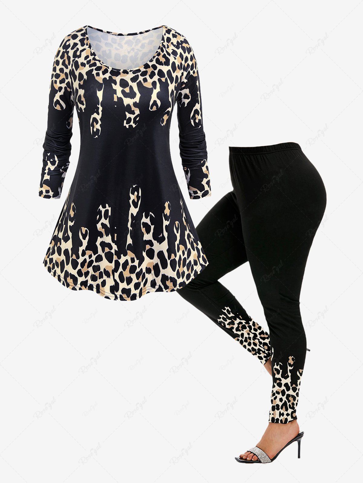 Fashion Raglan Sleeve Leopard Print T-shirt and High Waist Animal Leopard Leggings Plus Size Outfit  