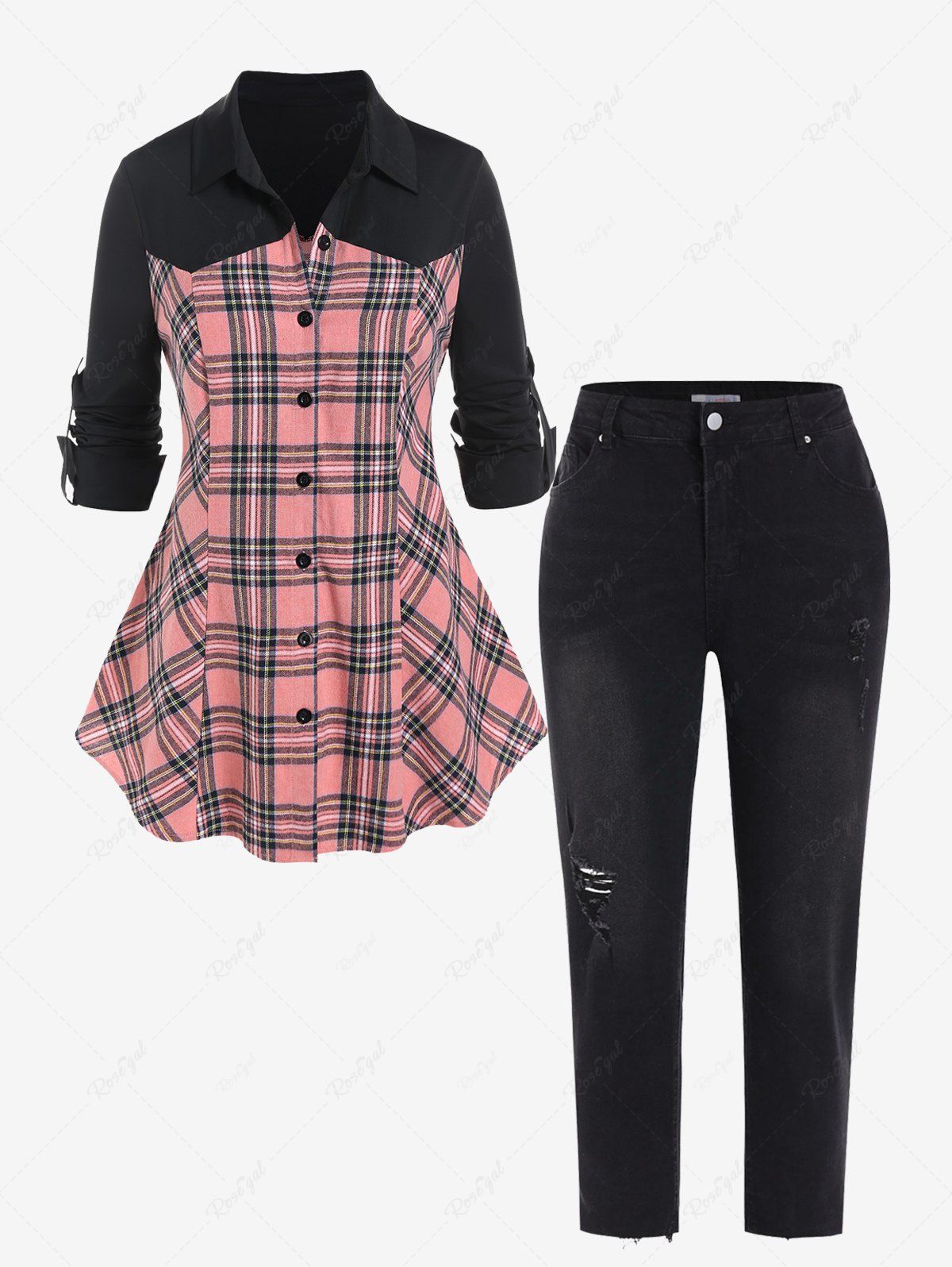 Chic Plus Size Colorblock Plaid Roll Up Sleeves Shirt and Frayed Ripped Jeans Outfit  