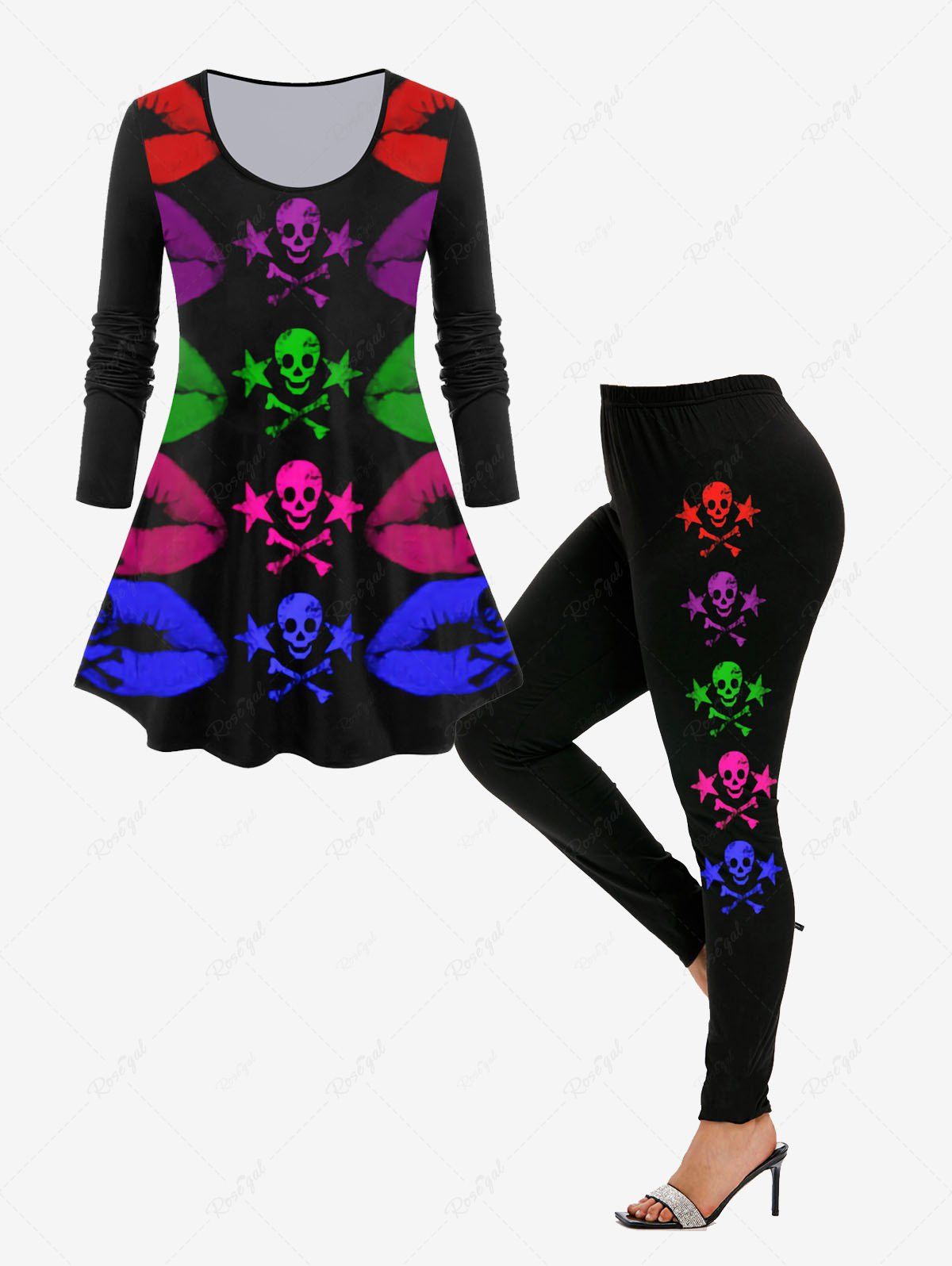 Discount Gothic Colorful Skull Lip Print T-shirt and High Waist Gothic Skull Print Leggings Plus Size Outfit  