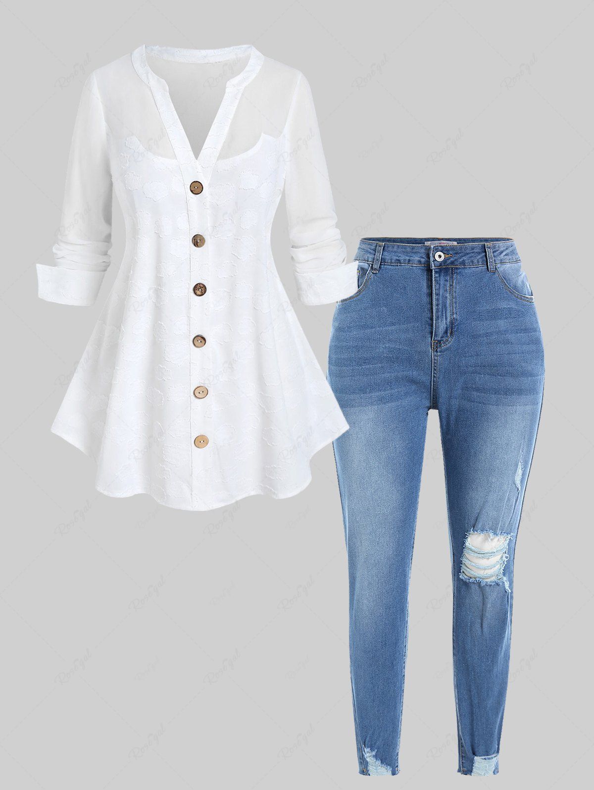 Store Plus Size Solid V Notched Long Sleeves Shirt and Pencil Ripped Jeans Outfit  
