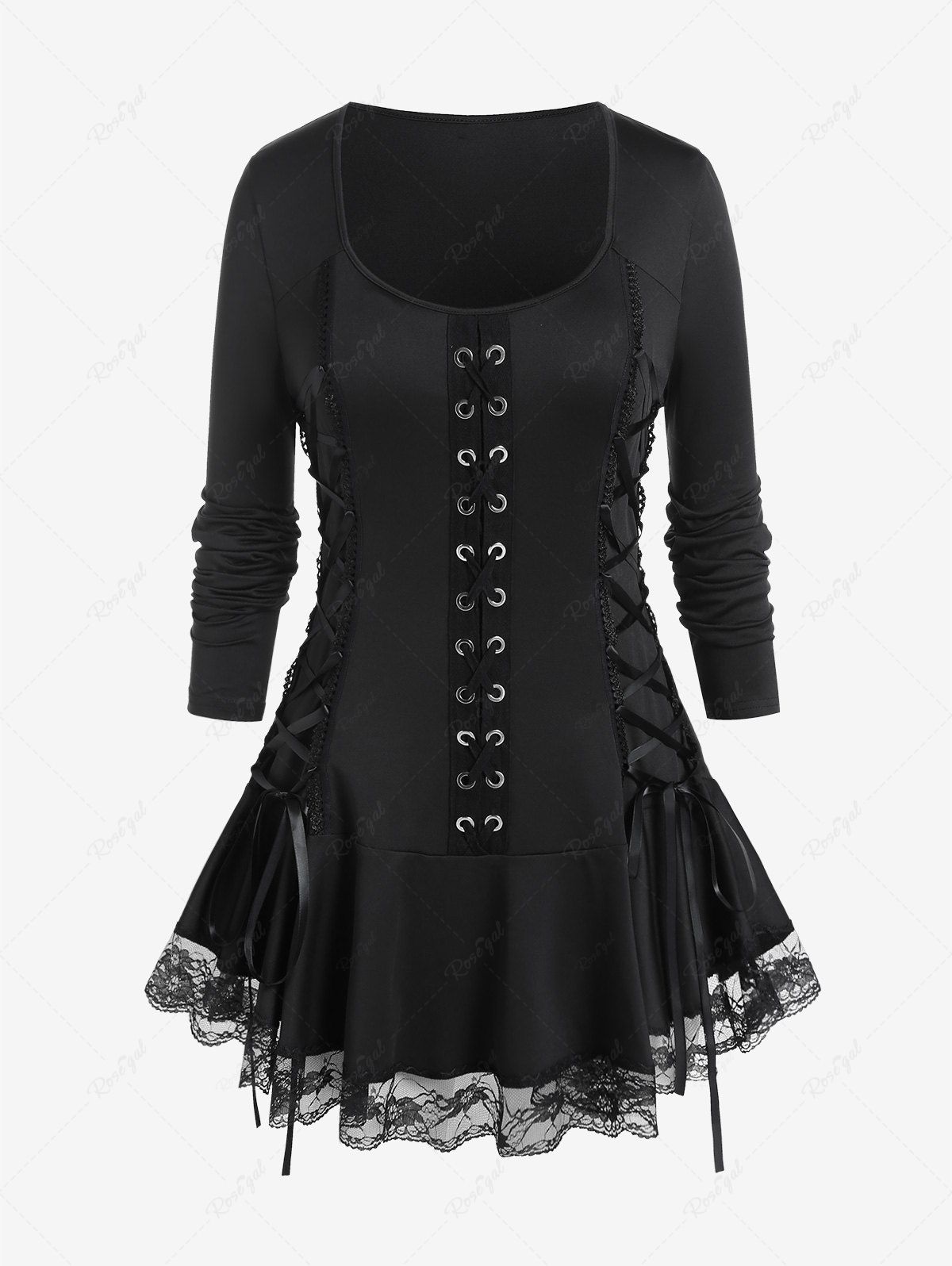 Affordable Gothic Lace Up Crisscross Grommets Flounce Tee  