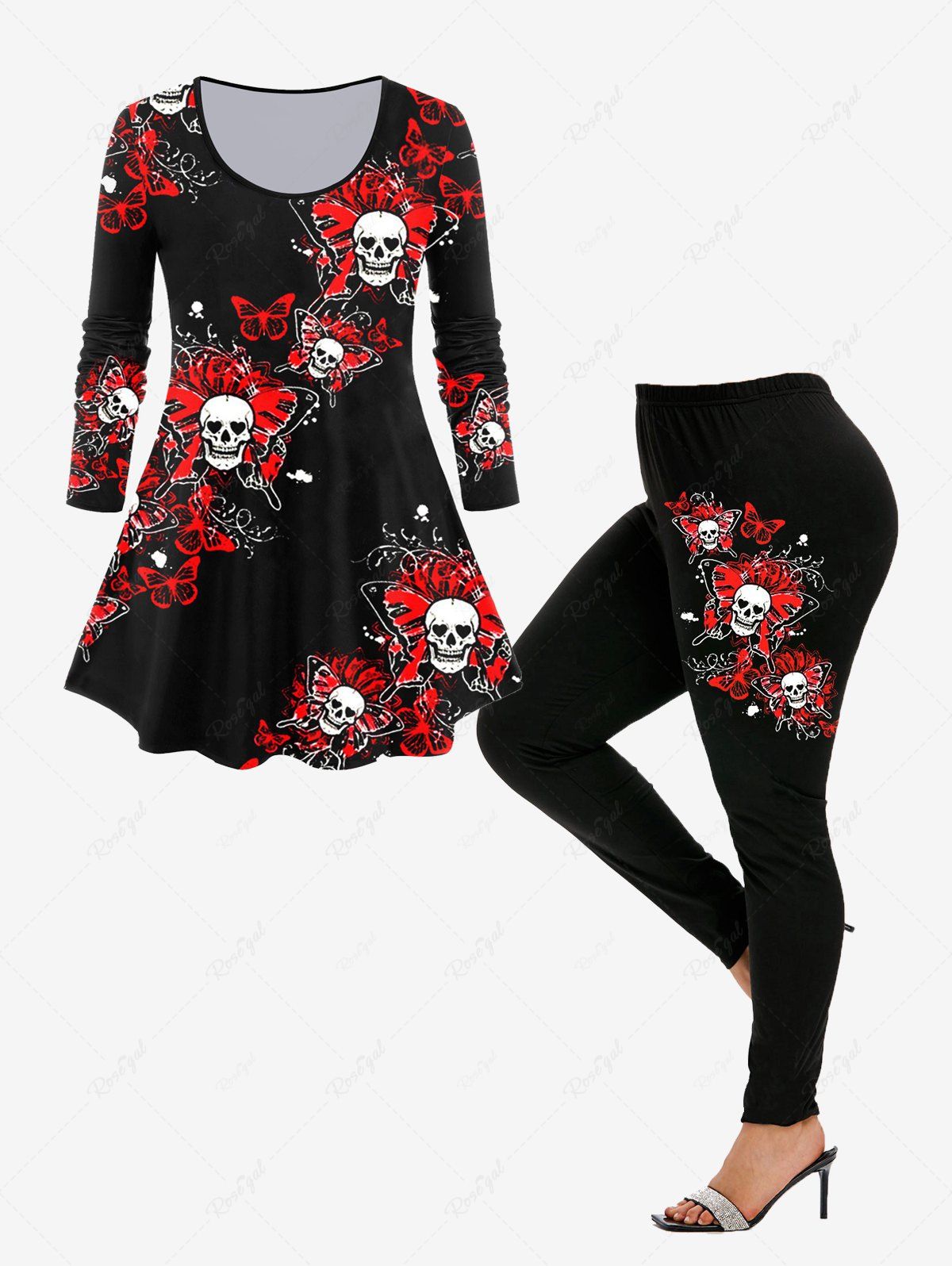 Fashion Long Sleeve Skull Butterfly Print Tee and Leggings Matching Set Gothic Outfit  