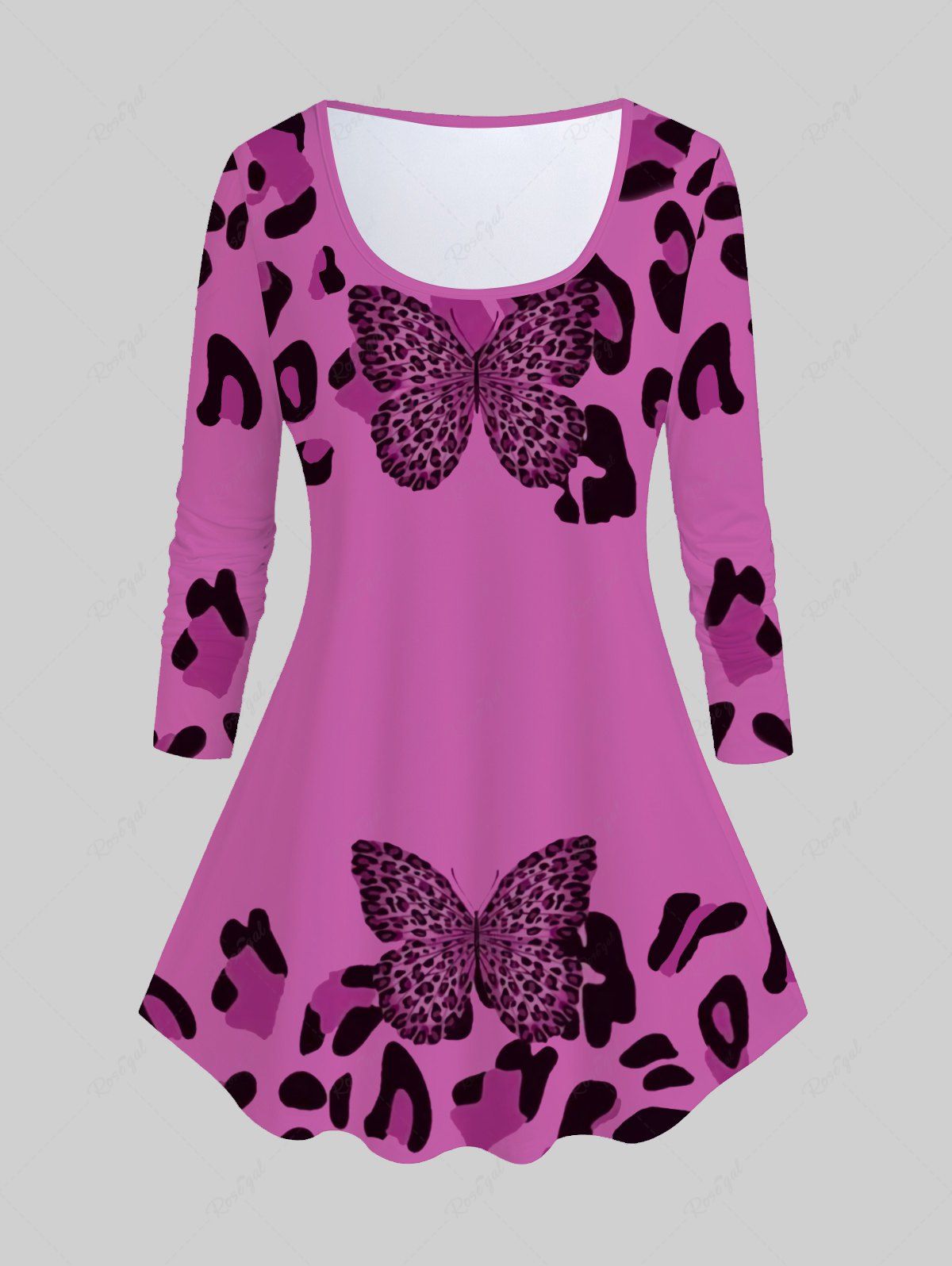 Fashion Plus Size Long Sleeve Leopard Butterfly Print Tee  