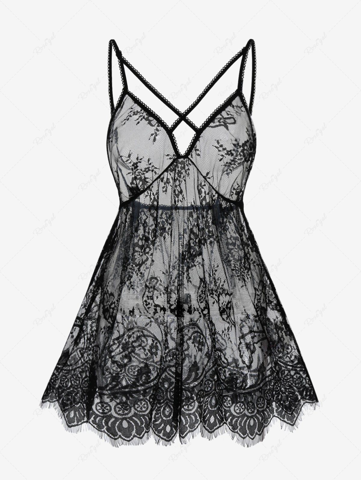 Shop Plus Size Sheer Lace Backless Lingerie Babydoll Dress Set  