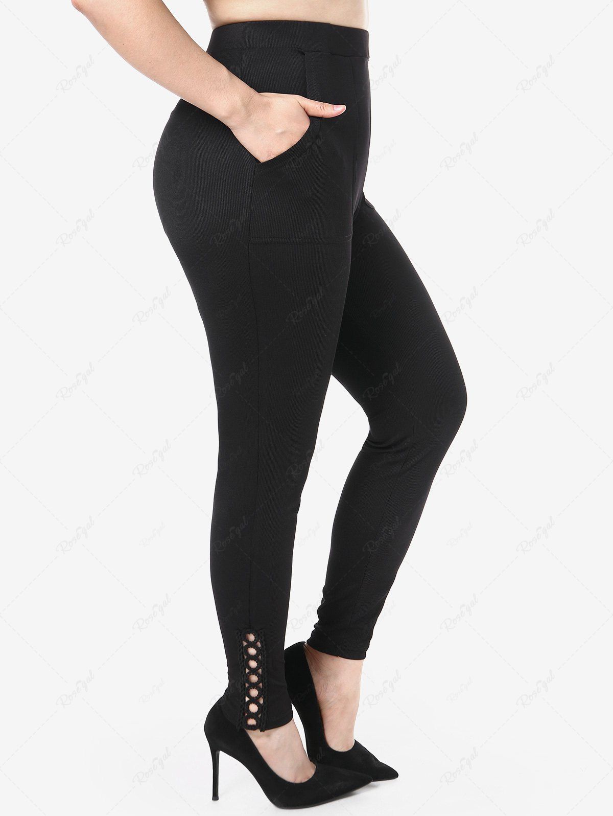Shops Plus Size Hollow Out Solid Trim Skinny Leggings with Pockets  