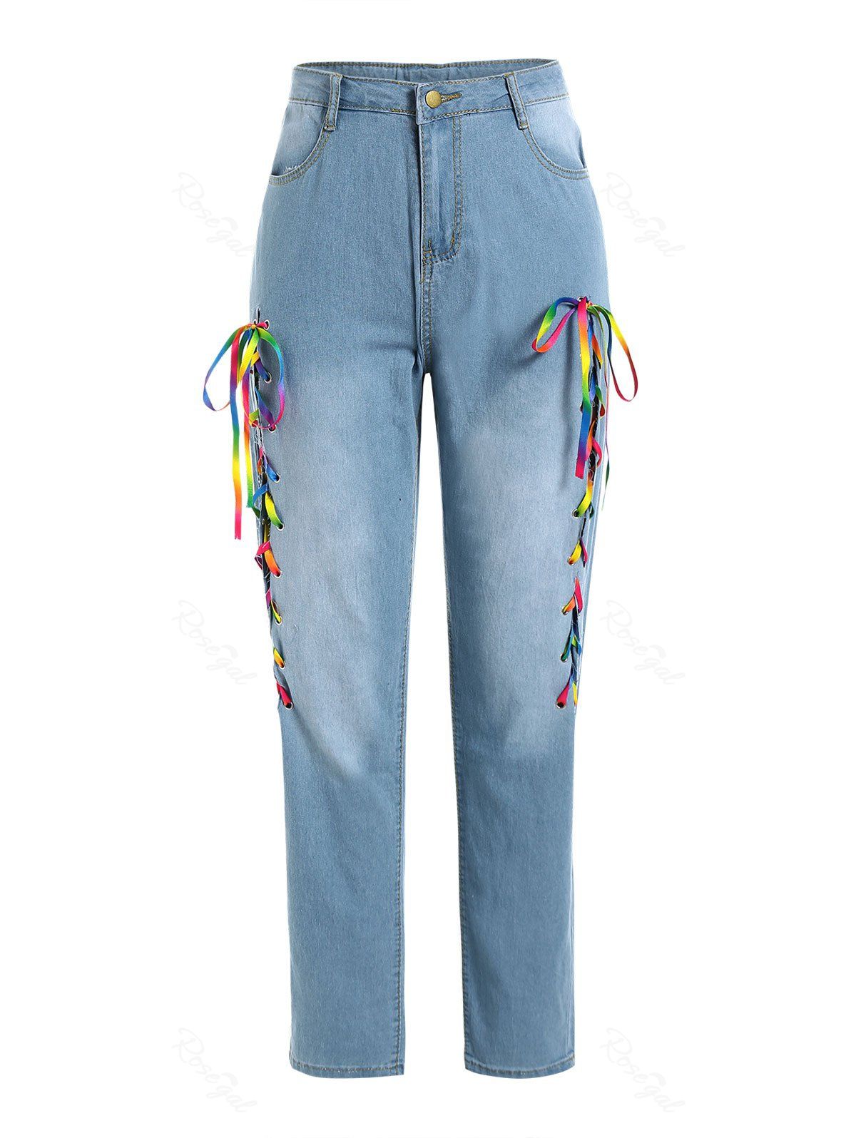 Online Skinny Colorful Lace Up Front Plus Size Jeans  