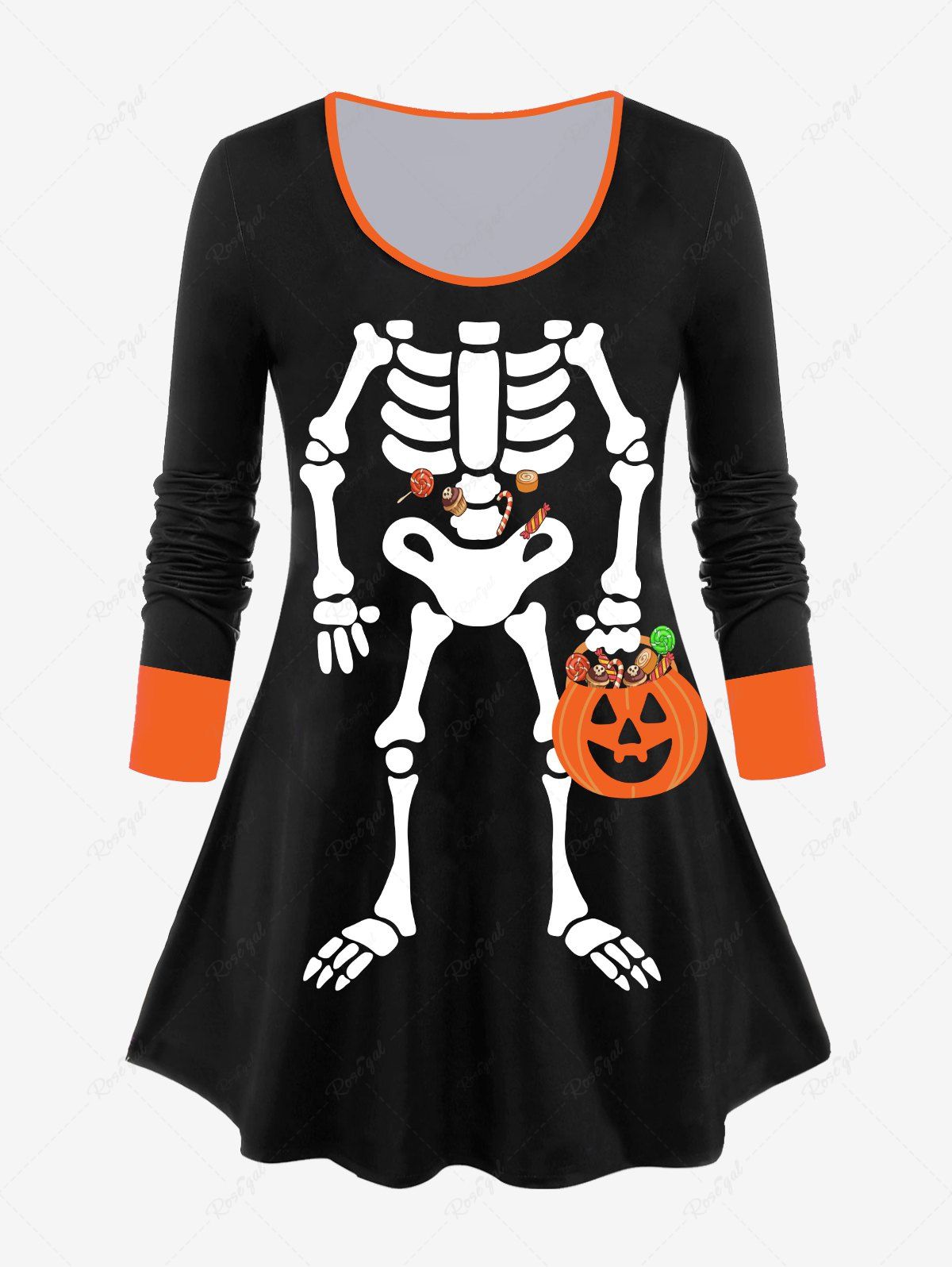 T-shirt D'Halloween à Imprimé Squelette et Citrouille à Manches Longues Noir 