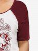 T-shirt à Imprimé Gothique Rose Crâne à Manches Raglan - Rouge foncé 