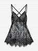 Plus Size Sheer Lace Backless Lingerie Babydoll Dress Set -  