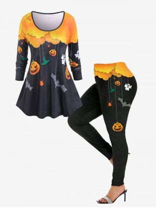 Ensemble de T-Shirt D'Halloween Chauve-souris Citrouille Fantôme Imprimés à Manches Raglan et Legging
