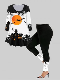 Halloween Spider Moon Bat Print T-shirt and Spiders Web Print Skinny Leggings Matching Set - BLACK