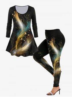 Feather Print T-shirt and High Waist Feather Print Leggings Plus Size Matching Set - BLACK