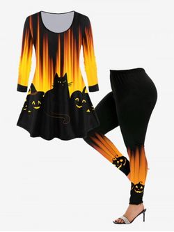 Halloween Pumpkin Cat Print T-shirt and Halloween High Rise Pumpkin Leggings - ORANGE