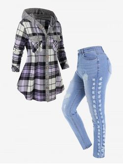 Plus Size Hooded Pockets Plaid Shirt and Faded Ripped Jeans Outfit - MULTI