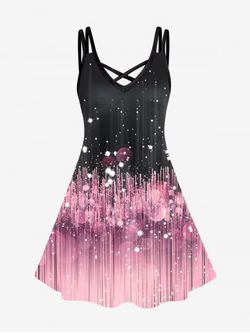 Plus Size 3D Sparkles Pinstripes Printed Crisscross A Line Sleeveless Dress - BLACK - M | US 10