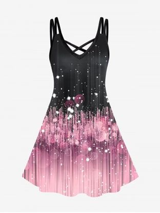 Plus Size 3D Sparkles Pinstripes Printed Crisscross A Line Sleeveless Dress