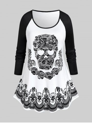 Gothic Raglan Sleeve Flower Skull Print Tee - WHITE - L | US 12