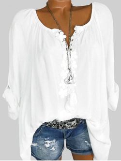 Plus Size Lace Guipure Roll Up Sleeve Peasant Blouse - WHITE - 4XL