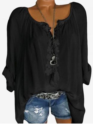 Plus Size Lace Guipure Roll Up Sleeve Peasant Blouse