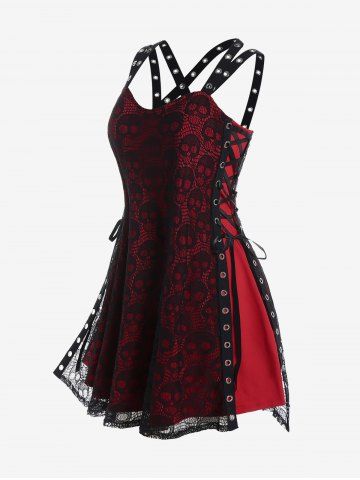 Gothic Skull Lace Grommets Crisscross Lace-up Dress - RED - L | US 12