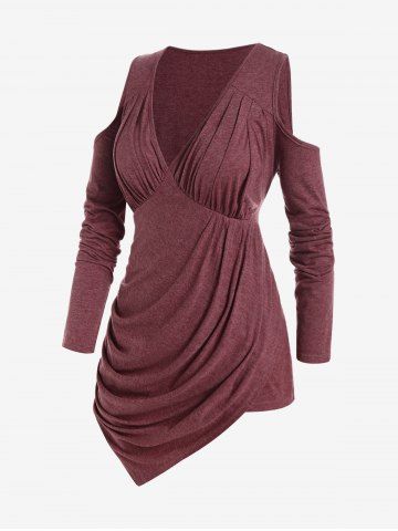Plus Size Cold Shoulder Ruched Asymmetric Plunge Tee - DEEP RED - 4X | US 26-28