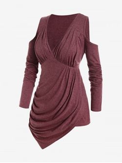 Plus Size Cold Shoulder Ruched Asymmetric Plunge Tee - DEEP RED - L | US 12