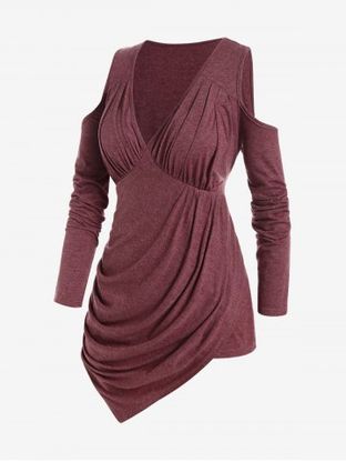 Plus Size Cold Shoulder Ruched Asymmetric Plunge Tee