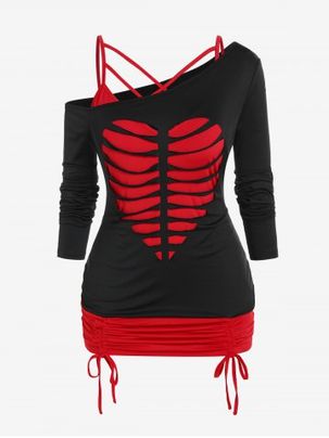 Gothic Skew Neck Ripped Skeleton Faux Twinset Cinched Tee
