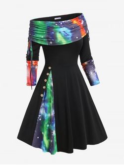 Plus Size Skew Neck Cinched Foldover Tie Dye Starlight Print Midi Dress - BLACK - 5X | US 30-32