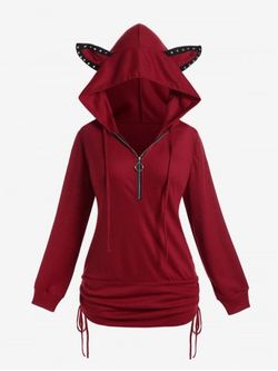 Plus Size Rivets Half Zipper Animal Ear Cinched Ruched Hooded Tee - DEEP RED - 1X | US 14-16
