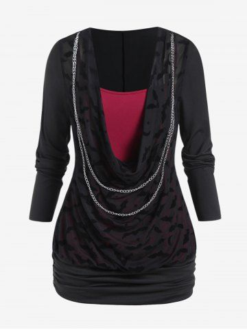 Gothic Bats Pattern Cowl Neck Chains Long Sleeves Blouson Tee