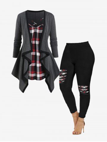 Plaid Asymmetric Draped 2 in 1 Tee and 3D Ripped Print Skinny Leggings Plus Size Outfit - GRAY
