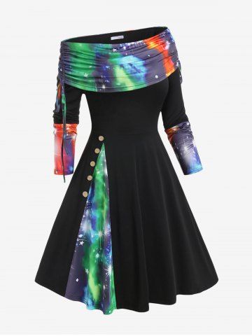 Plus Size Skew Neck Cinched Foldover Tie Dye Starlight Print Midi Dress - BLACK - L | US 12
