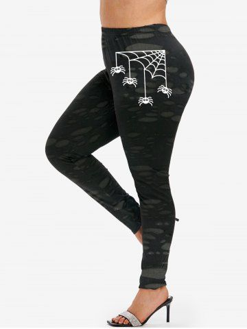 Halloween Spiders Web 3D Ripped Print Skinny Leggings - BLACK - 5X | US 30-32
